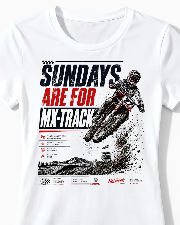 Sundays Are For MX-Track | Actionreiches Motocross T-Shirt für Damen weiss Close-Up