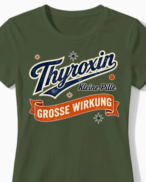Thyroxin | Kleine Pille große Wirkung – Witziges Hashimoto-Shirt für Damen olive Close-Up