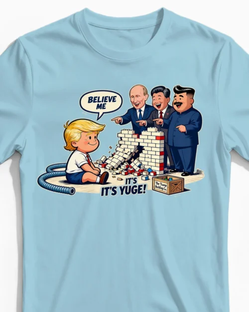 Trumps Yuge Wall Satire Herrenshirt hellblau Close-Up