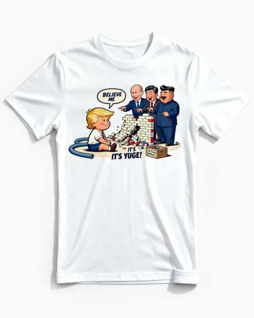Trumps Yuge Wall | Lustiges Politik & Satire T-Shirt für Herren & Karikatur-Fans weiss