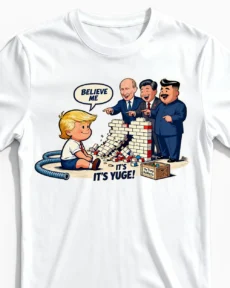 Trumps Yuge Wall | Lustiges Politik & Satire T-Shirt für Herren & Karikatur-Fans weiss Close-Up