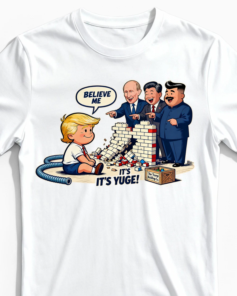 trumps-yuge-wall-herrenshirt-weiss-cu Trumps Yuge Wall | Lustiges Politik & Satire T-Shirt für Herren & Karikatur-Fans weiss Close-Up