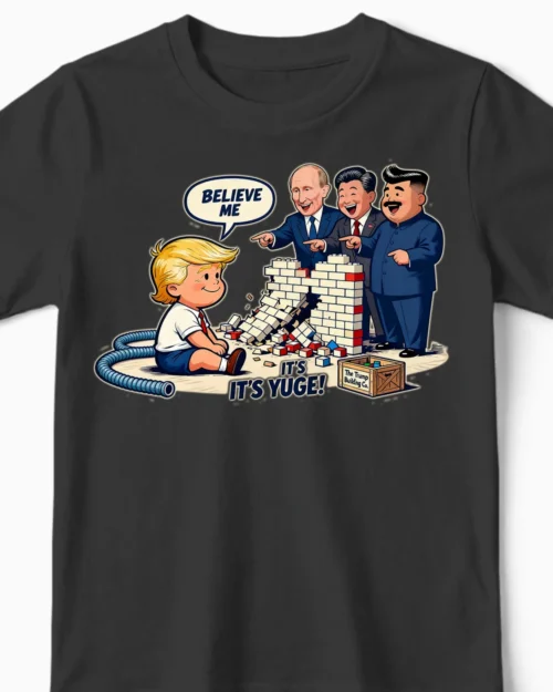 Trumps Yuge Wall Satire Kindershirt schwarz CloseUp