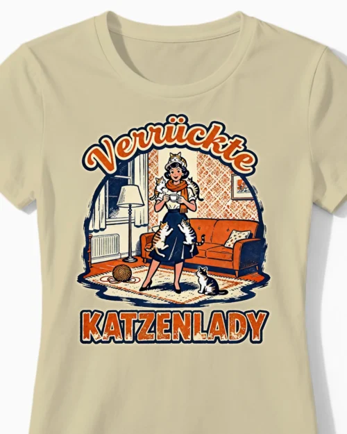 Verrückte Katzenlady | Modernes Retro-Damenshirt beige Close-Up