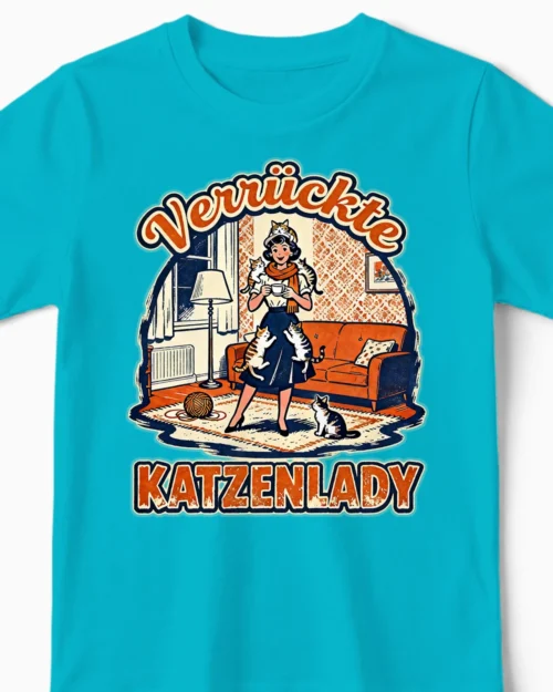 Verrückte Katzenlady Kids | Modernes Retro-Mädchenshirt hellblau Close-Up