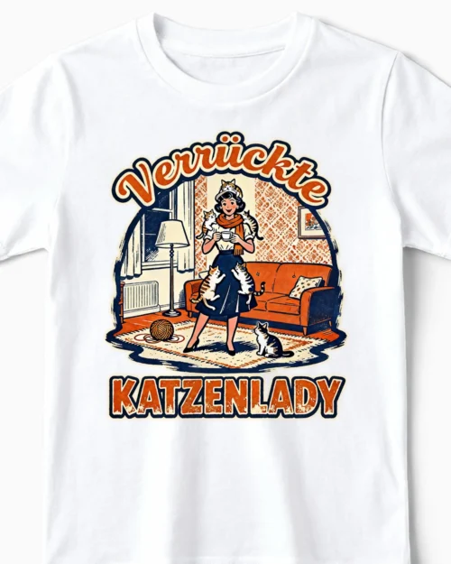 Verrückte Katzenlady Kids | Modernes Retro-Mädchenshirt weiss Close-Up