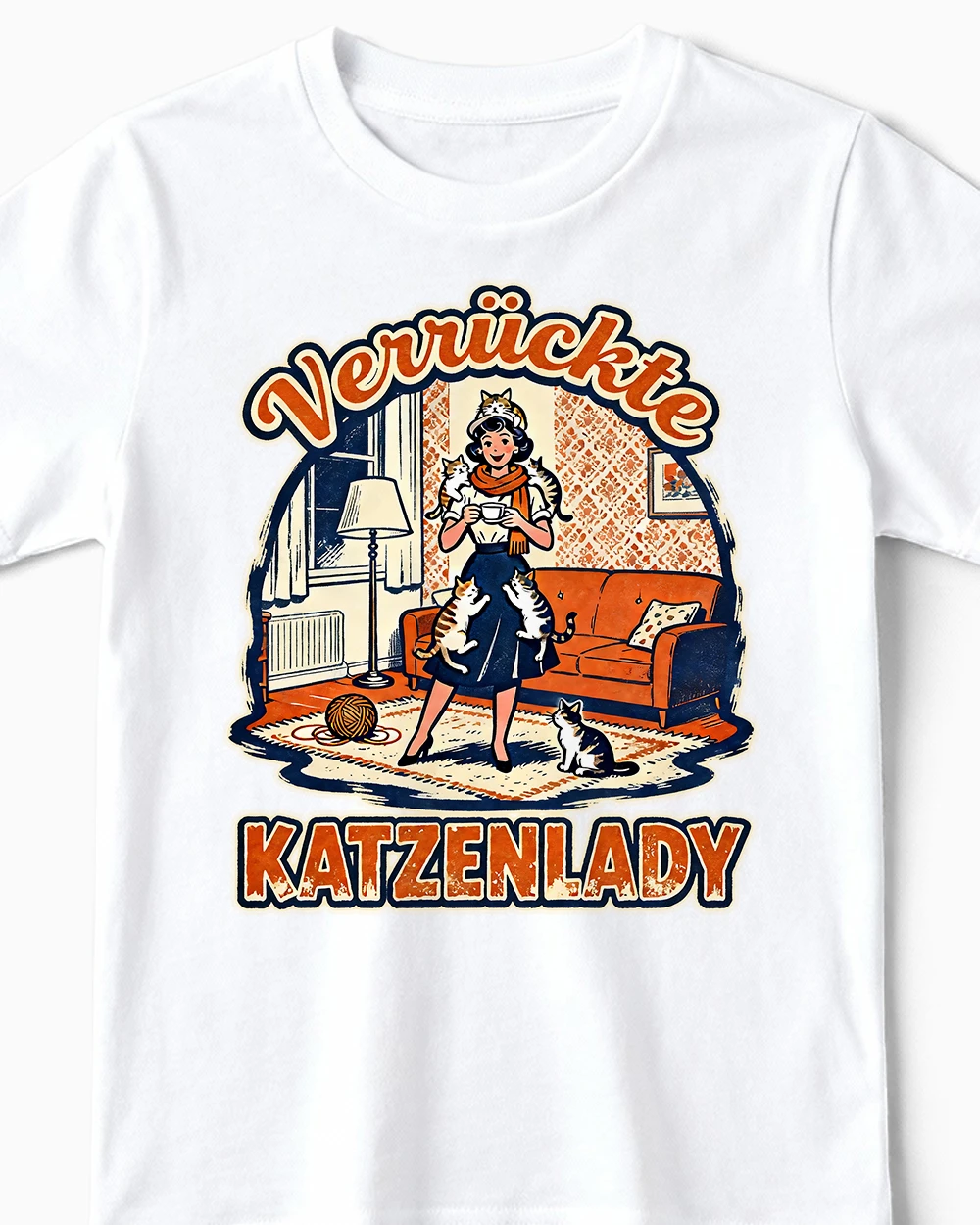 verrueckte-katzenlady-lustiges-kindershirt-weiss-cu Verrückte Katzenlady | Lustiges Katzen T-Shirt für Kinder & kleine Katzen-Bändiger weiss Close-Up