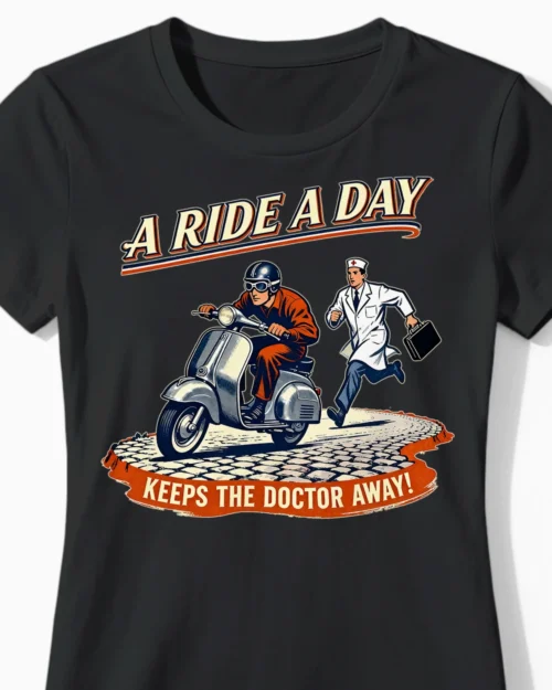Lustiges Vespa T-Shirt Damen: A Ride A Day keeps the Doctor away im coolen Vintage-Stil schwarz Close-Up