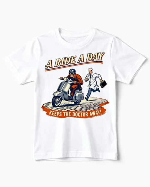 Lustiges Vespa T-Shirt Kinder: A Ride A Day keeps the Doctor away im coolen Vintage-Stil weiss