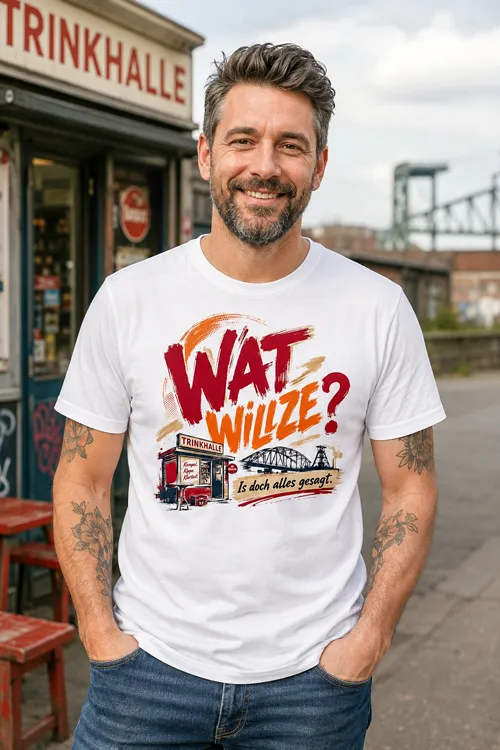 Wat willze Ruhrpott T-Shirt für Herren mit Trinkhalle, Revierbrücke, Förderturm und Dialekt-Spruch „Is doch alles gesagt.“ als Geschenkidee für Ruhrpott-Fans.