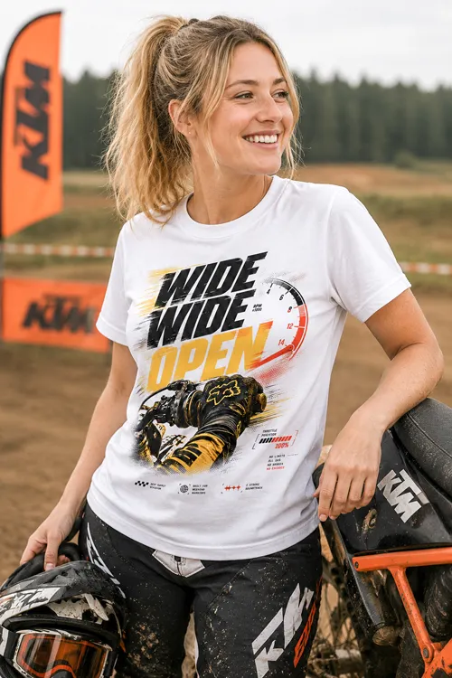 Motocross & Enduro T-Shirt für Damen mit Gasgriff, Drehzahlmesser, Racing-Grafik und großem Wide Wide Open Schriftzug.