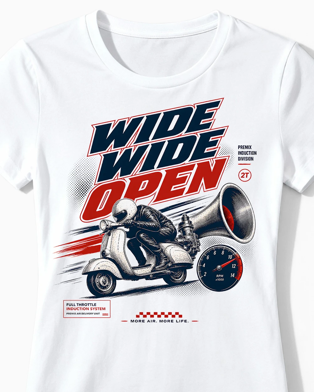 wide-wide-open-vespa-tuning-t-shirt-damen-weiss-cu Wide Wide Open | Vintage Vespa Tuning T-Shirt für Damen weiss CLose-Up