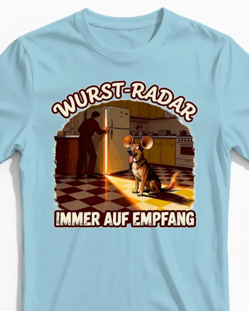 Wurst-Radar | Lustiges Hunde-Herrenshirt hellblau Close-Up