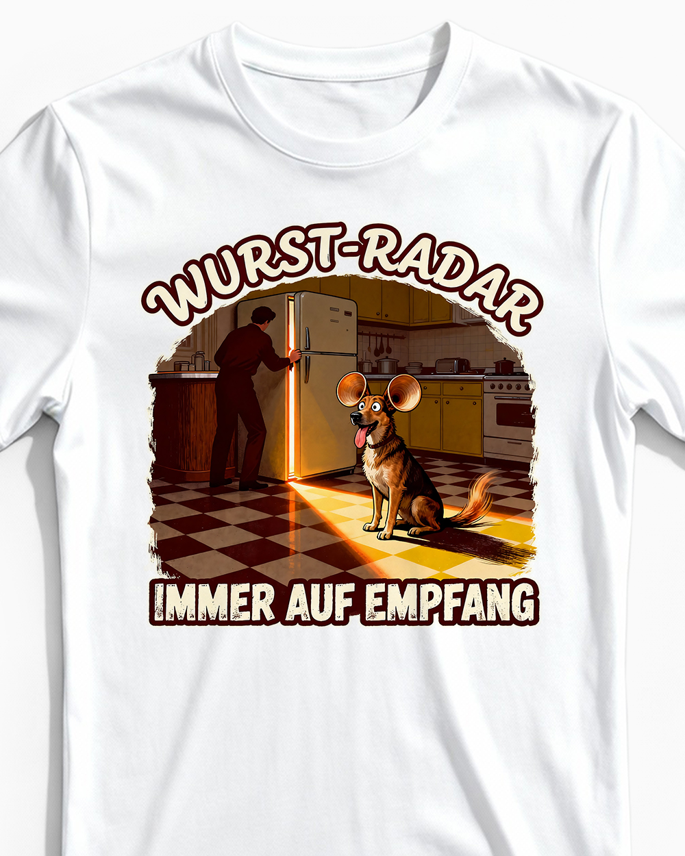 wurst-radar-lustiges-hunde-herrenshirt-weiss-cu Wurst-Radar | Lustiges Hunde T-Shirt für Herren & echte Spürnasen-Besitzer weiss Close-Up