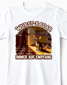 Wurst-Radar | Lustiges Hunde T-Shirt für Kinder & kleine Leckerli-Jäger weiss Close-Up