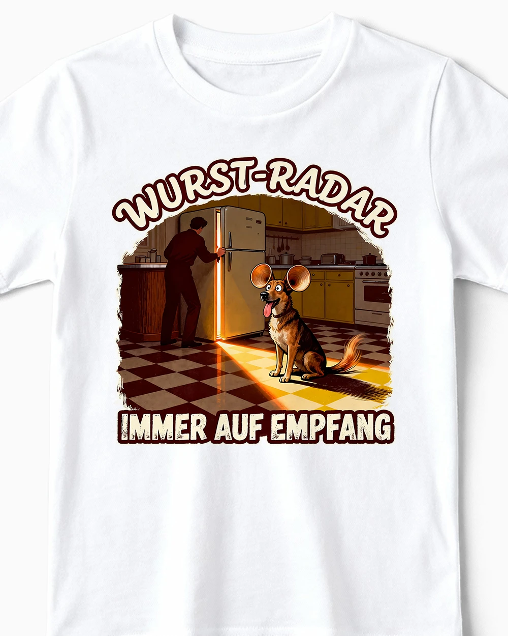 wurst-radar-lustiges-hunde-kindershirt-weiss-cu Wurst-Radar | Lustiges Hunde T-Shirt für Kinder & kleine Leckerli-Jäger weiss Close-Up