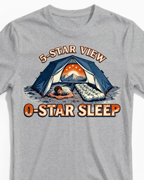 5-Star View 0-Star Sleep | Das witzige Camping Herrenshirt graumeliert Close-Up