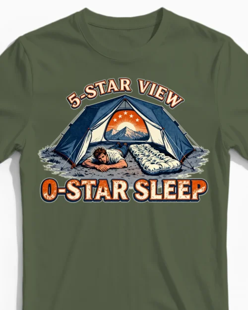 5-Star View 0-Star Sleep | Das witzige Camping Herrenshirt olive Close-Up